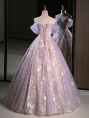 Prom Dresses For Brunettes, A-Line Off Shoulder Tulle Lace Purple Long Prom Dress, Purple Formal Dress