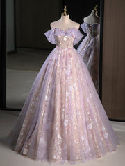 Prom Dresses 2023 Cheap, A-Line Off Shoulder Tulle Lace Purple Long Prom Dress, Purple Formal Dress