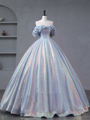 Prom Dress Long Blue, A-Line Off Shoulder Tulle Sequin Blue Purple Long Prom Dress, Sequin Formal Dress