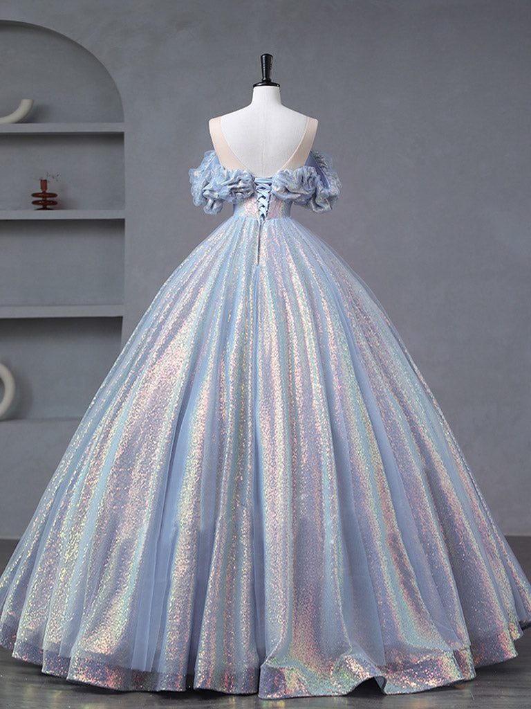 Prom Dresses Blue Long, A-Line Off Shoulder Tulle Sequin Blue Purple Long Prom Dress, Sequin Formal Dress