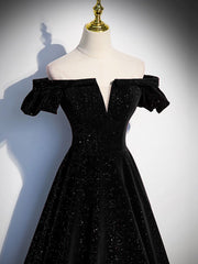 Bridesmaids Dresses Summer, A-Line Off Shoulder Velvet Black Long Prom Dresses, Black Formal Evening Dress