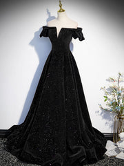 Bridesmaid Dress Summer, A-Line Off Shoulder Velvet Black Long Prom Dresses, Black Formal Evening Dress