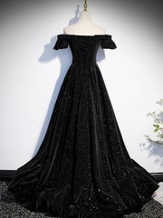 Bridesmaides Dresses Summer, A-Line Off Shoulder Velvet Black Long Prom Dresses, Black Formal Evening Dress