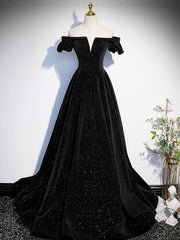 Bridesmaid Dresses Chiffon, A-Line Off Shoulder Velvet Black Long Prom Dresses, Black Formal Evening Dress