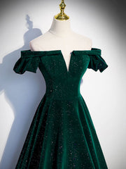 Bridesmaid Dress For Beach Wedding, A-Line Off Shoulder Velvet Long Prom Dresses, Green Velvet Graduation Dress