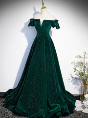 Bridesmaids Dresses For Beach Weddings, A-Line Off Shoulder Velvet Long Prom Dresses, Green Velvet Graduation Dress