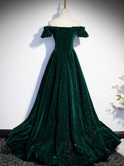 Bridesmaid Dresses For Beach Wedding, A-Line Off Shoulder Velvet Long Prom Dresses, Green Velvet Graduation Dress