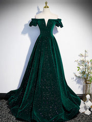 Bridesmaid Dresses Beach Wedding, A-Line Off Shoulder Velvet Long Prom Dresses, Green Velvet Graduation Dress