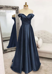 Girlie Dress, A-line Off-the-Shoulder Sleeveless Long/Floor-Length Satin Prom Dress With Pleated