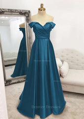 Prom Outfit, A-line Off-the-Shoulder Sleeveless Long/Floor-Length Satin Prom Dress With Pleated