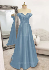 Design Dress, A-line Off-the-Shoulder Sleeveless Long/Floor-Length Satin Prom Dress With Pleated