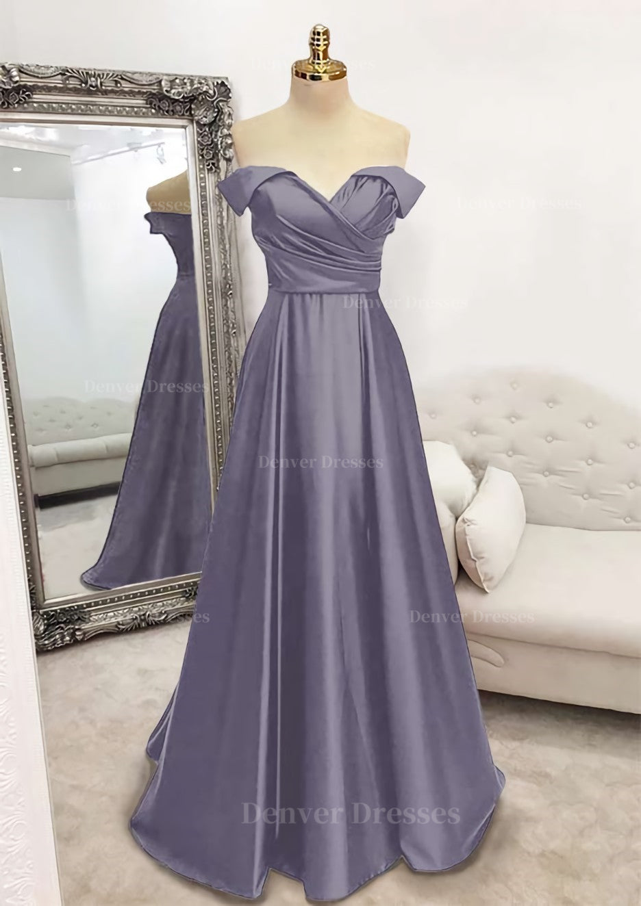 Flowy Dress, A-line Off-the-Shoulder Sleeveless Long/Floor-Length Satin Prom Dress With Pleated