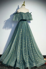 Prom Dresses With Sleeve, A-Line Off the Shoulder Tulle Long Prom Dress, Green Evening Party Dress