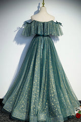 Prom Dress With Sleeves, A-Line Off the Shoulder Tulle Long Prom Dress, Green Evening Party Dress