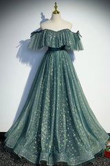 Prom Dresses Princess Style, A-Line Off the Shoulder Tulle Long Prom Dress, Green Evening Party Dress