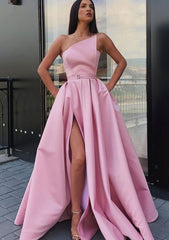 Prom Dress Long With Slit, A-line One-Shoulder Long/Floor-Length Satin Prom Dress With Pockets Waistband Split