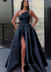 Prom Dresses Long With Slit, A-line One-Shoulder Long/Floor-Length Satin Prom Dress With Pockets Waistband Split