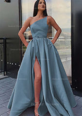 Prom Dresses Bodycon, A-line One-Shoulder Long/Floor-Length Satin Prom Dress With Pockets Waistband Split