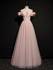 Evening Dresses Suits, A line Pink Long Prom Dresses, Pink Tulle Formal Graduation Dresses With Beading