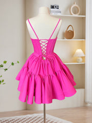 Prom Dress Shiny, A-Line Pink Satin Short Prom Dress, Backless Cute Pink Homecoming Dress