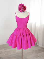 Prom Dress Long Sleeve, A-Line Pink Satin Short Prom Dress, Backless Cute Pink Homecoming Dress