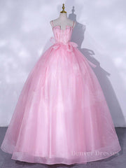 Bridesmaids Dresses Sale, A-Line Pink Tulle Lace Long Prom Dress, Pink Formal Dresses