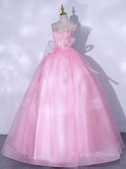 Bridesmaid Dresses Sales, A-Line Pink Tulle Lace Long Prom Dress, Pink Formal Dresses