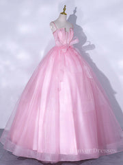 Bridesmaid Dresses Sale, A-Line Pink Tulle Lace Long Prom Dress, Pink Formal Dresses