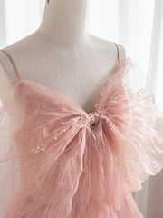 Party Dress Night, A-Line Pink Tulle Sequin Long Prom Dresses, Pink Formal Evening Dresses