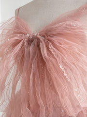 Party Dress Design, A-Line Pink Tulle Sequin Long Prom Dresses, Pink Formal Evening Dresses