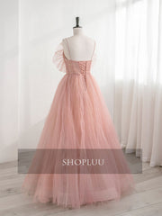 Party Dress Designs, A-Line Pink Tulle Sequin Long Prom Dresses, Pink Formal Evening Dresses