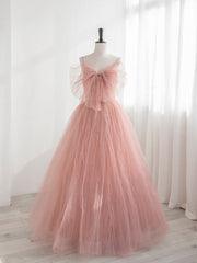 Party Dress Wedding, A-Line Pink Tulle Sequin Long Prom Dresses, Pink Formal Evening Dresses