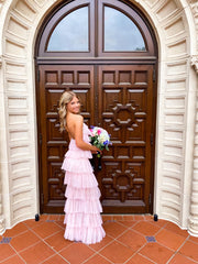 Prom Dresses 2027 Cheap, A-line Pink Tulle Tiered Long Prom Dress , Unique Prom Dress