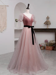 Party Dresses Long Dress, A-Line Pink Tulle Velvet Long Prom Dress, Pink Formal Dresses