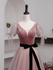 Party Dress Short, A-Line Pink Tulle Velvet Long Prom Dress, Pink Formal Dresses