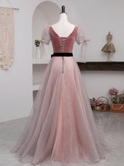 Party Dress Fashion, A-Line Pink Tulle Velvet Long Prom Dress, Pink Formal Dresses