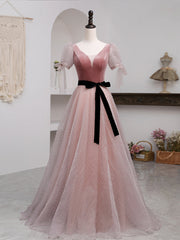 Party Dress Websites, A-Line Pink Tulle Velvet Long Prom Dress, Pink Formal Dresses