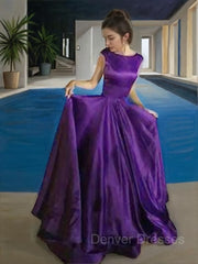 Evening Dress Designers, A-Line/Princess Bateau Floor-Length Satin Prom Dresses With Ruffles