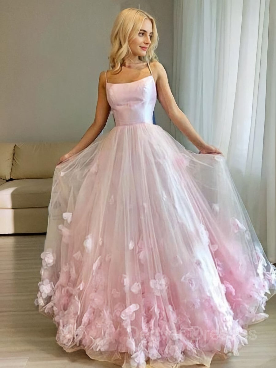 Floral Prom Dress, A-Line/Princess Bateau Floor-Length Tulle Prom Dresses With Flower