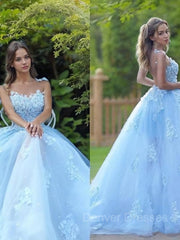 Bridesmaids Dresses Sale, A-Line/Princess Bateau Sweep Train Tulle Prom Dresses With Appliques Lace