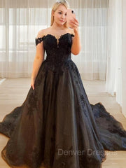 Wedding Dress Classy Elegant, A-line/Princess Off-the-Shoulder Chapel Train Tulle Wedding Dress with Appliques Lace