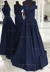 Prom Dresses Country, A-line/Princess Off-the-Shoulder Sleeveless Sweep Train Satin Prom Dress