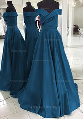 Prom Dress With Tulle, A-line/Princess Off-the-Shoulder Sleeveless Sweep Train Satin Prom Dress