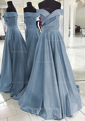 Prom Dresses Champagne, A-line/Princess Off-the-Shoulder Sleeveless Sweep Train Satin Prom Dress