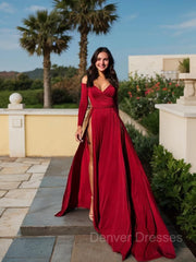 Bridesmaid Dresses Sales, A-Line/Princess Off-the-Shoulder Sweep Train Jersey Prom Dresses With Leg Slit