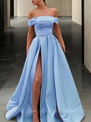 Wedding Decor, A-Line/Princess Off-the-Shoulder Sweep Train Satin Prom Dresses With Leg Slit