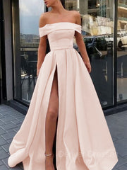 Long Sleeve Wedding Dress, A-Line/Princess Off-the-Shoulder Sweep Train Satin Prom Dresses With Leg Slit