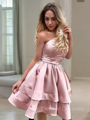 Evening Dress Vintage, A-Line/Princess One-Shoulder Short/Mini Charmeuse Homecoming Dresses With Ruffles