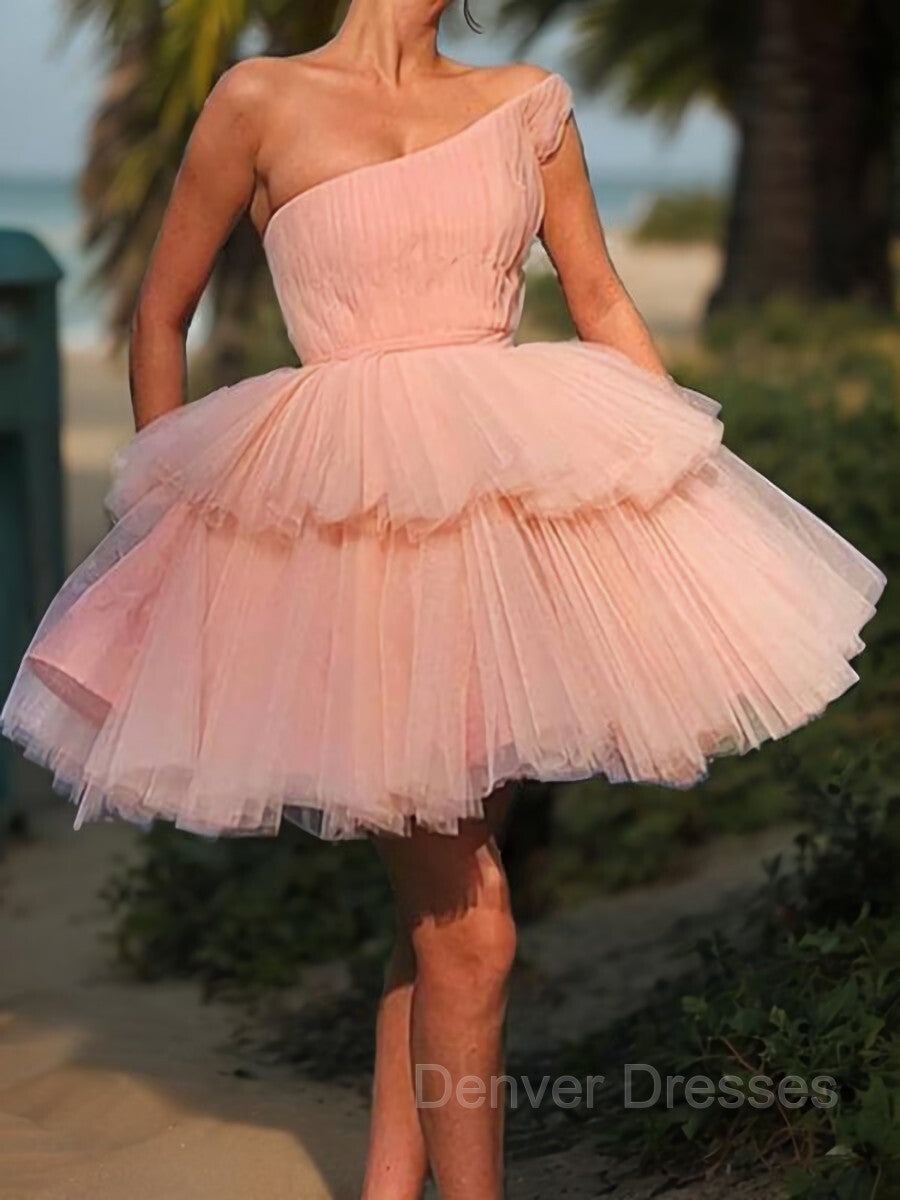 Evening Dresses Gowns, A-Line/Princess One-Shoulder Short/Mini Tulle Homecoming Dresses With Cascading Ruffles