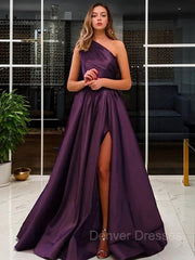 Party Dress On Line, A-Line/Princess One-Shoulder Sweep Train Satin Prom Dresses With Leg Slit